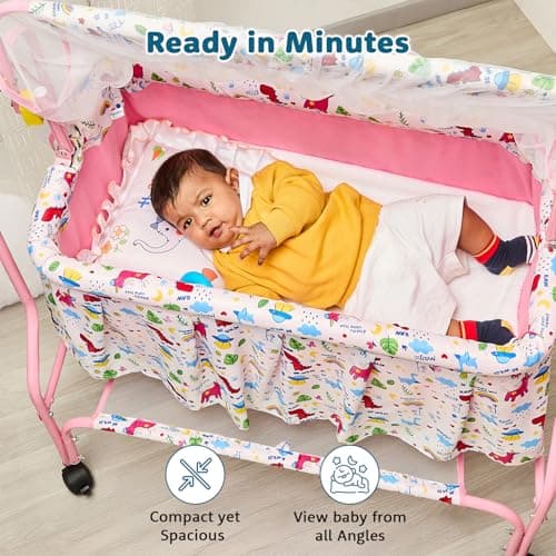 Amazon Brand - Supples Baby Cradle with Swing & Mosquito Net | 0–8 Months | Swing Lock | 4 Wheels with Brake | Soft & Comfortable for Baby Sleep | Sturdy Mild Steel Frame | Pink 5