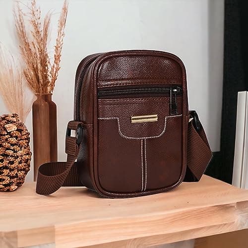 Pramadda Pure Luxury Elegant Milan SMALL Leather Sling Bag for Men Women | Classic Chest Slinger | Mobile Pocket Sling Bags for passport documents essential items| corporate gifts items. (Brown) 4