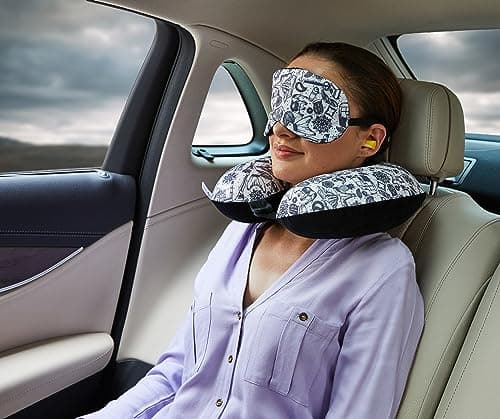 Amazon Basics 100% Memory Foam Travel Neck Pillow with Eye Mask and Ear Plugs Combo|Ergonomically Designed for Ultimate Comfort, Perfect for Air, Car, Train, Bus Travel- I Love India, Standard Size 5