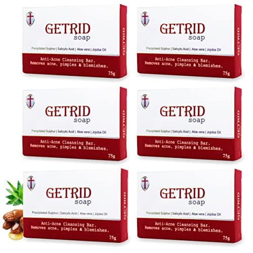 Getrid Soap Bar 75g (Pack of 6) | Precipitated Sulphur and Salicylic Acid Cleansing Bar | Enriched with Aloe Vera and Jojoba Oil | Deep Cleansing Exfoliating Soap for Oily and Acne-Prone Skin | For Fa