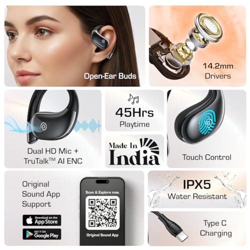 pTron Bassbuds Trendz Open Ear Wireless Earbuds, SafeBeats Design, HD Mics & TruTalk AI-ENC Calls, 45Hrs Playtime, App Support, 14.2mm Drivers, BT6.0 Headphones, Type C Charging & IPX5 (Pearl Black) 2