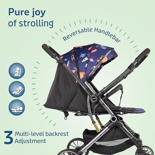 LuvLap Alpha Baby Stroller/Pram, One Fold, Travel Friendly, 5 Point Safety Harness, Reversible Handle bar, Multilevel Recline & Adjustable footrest, Extendable Canopy, for Babies 0-3 Years (Blue) 2