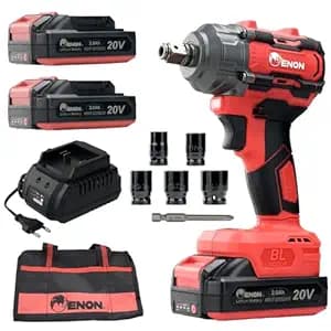 Enon 20V 1/2" Cordless Impact Wrench Kit, 300Nm Torque, Powerful Motor, 2x Li-ion 2.0Ah Batteries, 5 Wrench Sockets, F/R, Brushless, Woodworking Tool, Drill, Screwdriver, 6 Month Warranty (XE-BL2031)