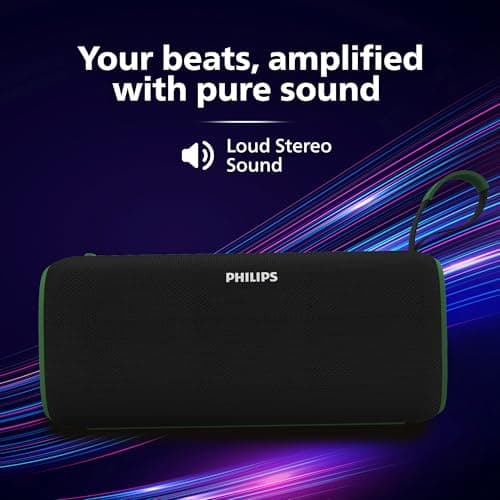 PHILIPS Audio TAS2400GR Portable Bluetooth Speaker with Stereo Sound, 32W RMS, 2400mAh Rechargeable Battery, BT v5.3 Connectivity, IPX4 Waterproof, Supports TF/USB/BT Modes with Hanging Strap (Green) 5