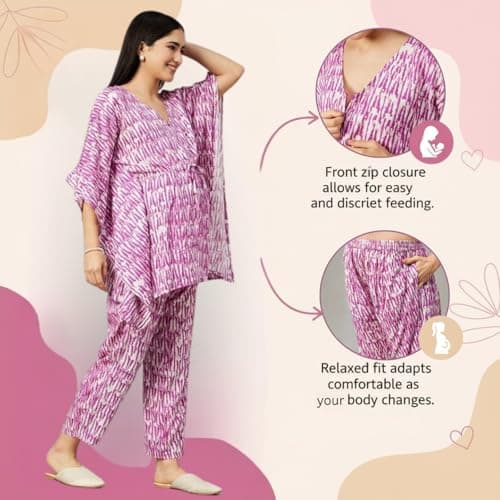 Aaheli Women’s Rayon Printed Maternity Co-ord Set | V-Neck Kaftan Top with Adjustable Waist & Easy Nursing Access | Soft Pregnancy Wear with Elastic Pants | Magenta, XXL 5