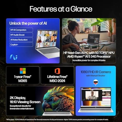 HP Smartchoice OmniBook 5 (Previously Pavilion) 50 Tops, AMD Ryzen AI 5 340 (16GB LPDDR5X, 512GB SSD) WUXGA 2K, 16''/40.6cm, Win11, Office24, Silver, 1.79kg, ag1037au, Next Gen AI Copilot+ Laptop 5