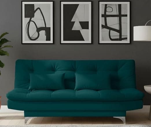 AMATA Solid Wood Eagle 3 Seater Sofa Cum Bed Ocean Blue Suede Velvet Fabric with Two Cushions Perfect for Home Living Office Room and Guests (Ocean Blue 2, Medium)(3 Year Warranty)
