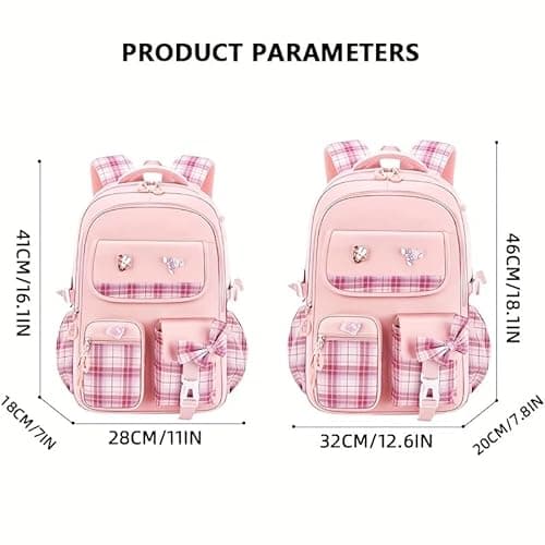 Shop Heaven Cute Bow Cartoon School Bag | 18-Inch College Laptop Backpack for Women & Teens | Aesthetic Pink Plaid Daypack with Zipper Pouch for Travel, Tuition & Coaching (PEACH) 5