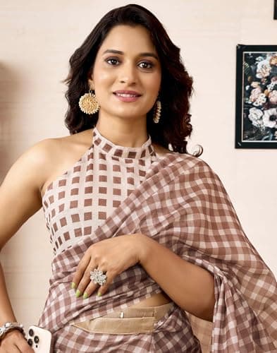 SIRIL Women's Chanderi Cotton Printed Ready to Wear with Pocket Saree with Unstitched Blouse Piece (47RS436_Brown) 6