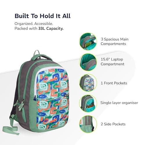 Provogue Vortex EasyGo Laptop Backpack 33L - School Bag for Girls & Boys with 3 large compartments | With Organiser, Bottle Holder & Laptop Compartment, Green 3