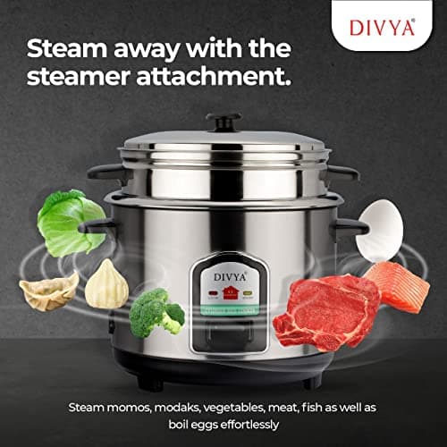 DIVYA Stainless Steel 1.8 Liters Cylinder Electric Rice Cooker 700W and Steamer 5