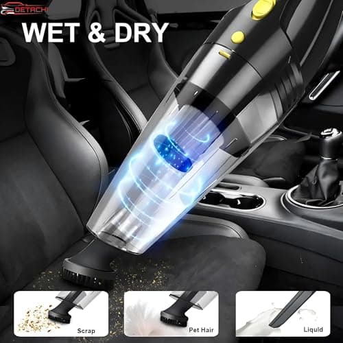 DETACHI Car Vacuum Cleaner - Portable 2 in 1 Wet & Dry Cleaner for Car with High 6000PA Powerful Suction 12V DC for Deep Cleaning, HEPA Filter, Filter for Allergens, Cigarette Lighter Cord -Black 3
