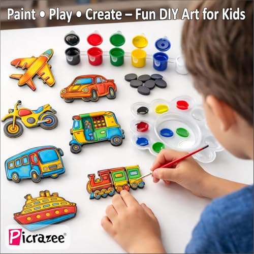 PICRAZEE DIY Wooden Vehicle Painting Kit for Kids | 10 Pine MDF Vehicle Cutouts (5.5 mm Thick) with Acrylic Colors, Brushes, Palette & Magnets | Art & Craft Creative Activity Toy 4