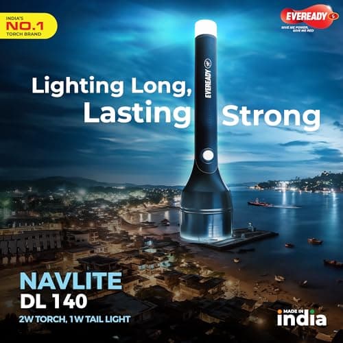 Eveready Navlite DL140, Rechargeable 2W Led Torch + 1W Emergency Tail Light, Metallic Finish, Type B/Micro USB Charging, Overcharge Protection, Powered By BIS Certified Li-Ion Battery 2