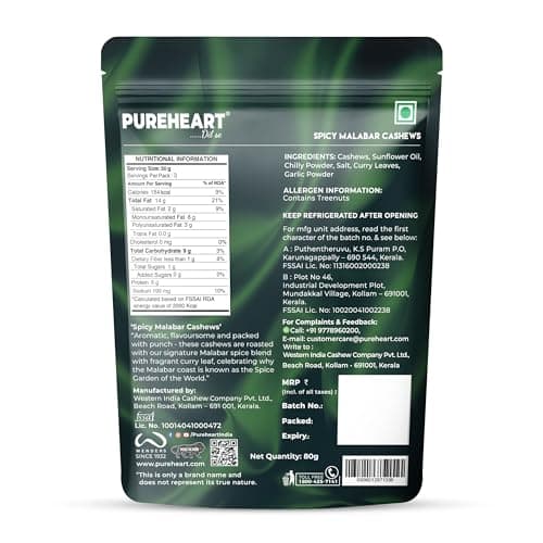 Pureheart Spicy Malabar Cashews 80g | Roasted Masala Kaju with Curry Leaves | Premium Crunchy Flavored Cashew Nuts | Healthy Snack, Protein Rich Dry Fruits | Spicy Roasted Nuts Pack 2