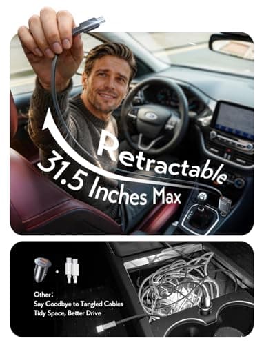 LISEN Car Charger, Cigarette Lighter Socket, USB-C PD30W, Retractable Charging Cable, Total 57 W, 3 in 1 Connector Socket, USB Rapid Charging, Car Charger, Type C, Car Accessories, Official Car Goods 5