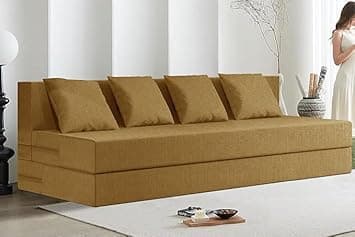 Rosebell 4-Seater Sofa Cum Bed – Golden | Easy to Use & Lightweight | Jute Fabric with Washable Cover & Cushion | 6x6 Ft | Perfect for Home, Office & Guest Room