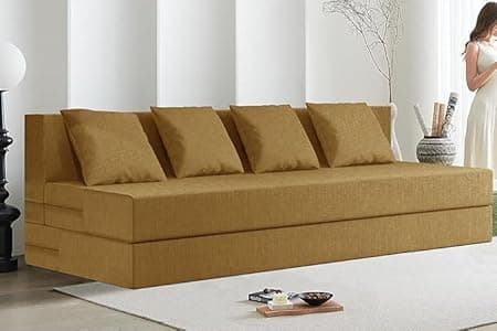 Rosebell 4-Seater Sofa Cum Bed – Golden | Easy to Use & Lightweight | Jute Fabric with Washable Cover & Cushion | 6x6 Ft | Perfect for Home, Office & Guest Room