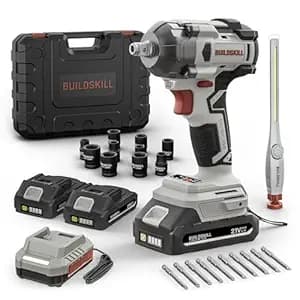 BUILDSKILL 21V - 1/2" 400NM BLDC Cordless Impact Wrench Set | 2 x 2.0Ah Battery | 10 Pcs Socket + 10 Pcs Screwdriver Bit | LED Light | 3400-4500 RPM | 2800-3200 Impact Rate | 2.0A Fast Charger