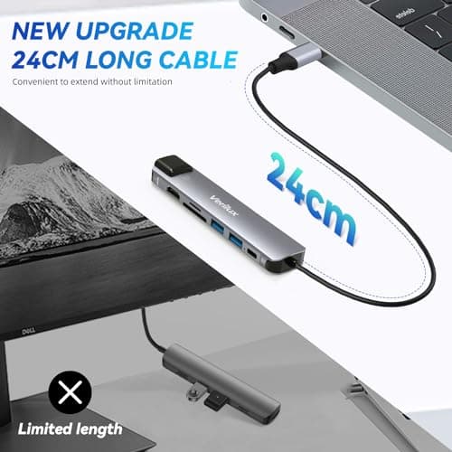 Verilux® USB Hub for Laptop with Ethernet RJ45 7 in 1 USB Type C Hub with 4K@60Hz HDMI for Nintendo Switch 2 SD/TF Card Reader PD Charge Multi USB 3.0 Port for MacBook iPhone 17 with 24CM Cable 3