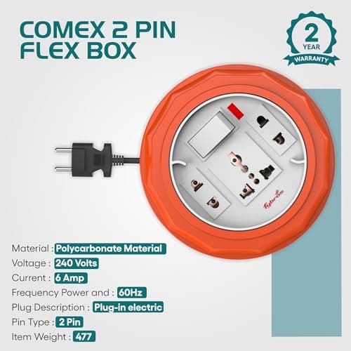 Fybros Comex 2 Pin Extension Cord, Extension Box,Thermal Protection,Power Indicator,6 AMP Output, 2 Year Warranty, 10 Meter Heavy Duty Cable, Surge and Spike Guard (Multicolor) - Made in India 5