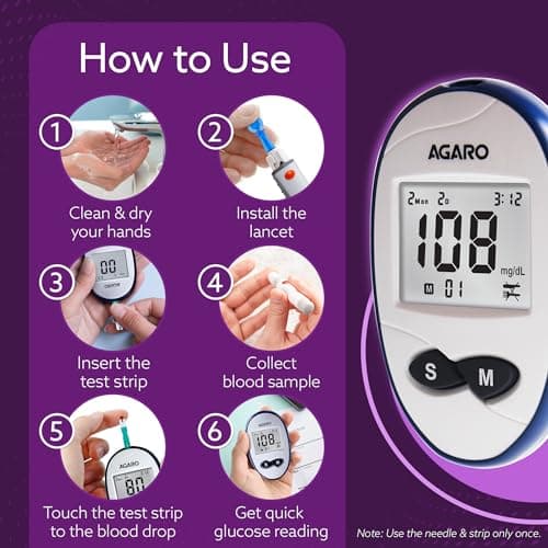 AGARO Glucometer, Blood Glucose Monitoring System with 50pcs Strips & Lancets, Glucometer Machine, Instant Blood Sugar Test at Home, Fast Blood Sugar Testing Device, Simple & Accurate, GLM-76. 4