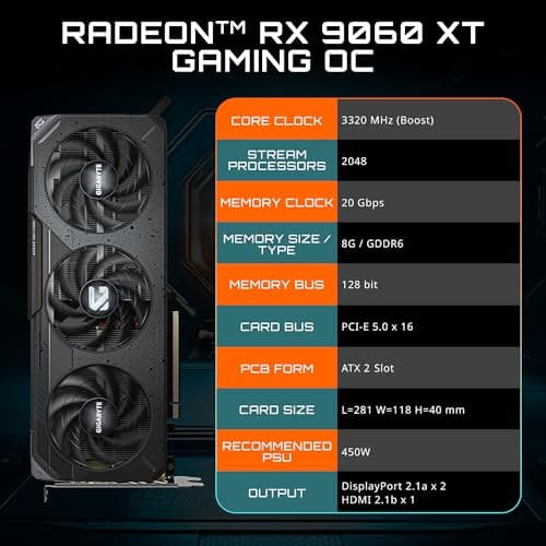 GIGABYTE Radeon RX 9060 XT Gaming OC 8G Graphics Card, PCIe 5.0, 8GB GDDR6, GV-R9060XTGAMING OC-8GD Video Card 2