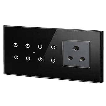 Smarteefi WiFi Glass Touch Smart Switch Board| Toughened Glass | 8 Ports (7 Switch + 1 Socket), Guaranteed Schedules| Compatible with Alexa, Google Home (Black, TS81-6M-220mmx90mmx40mm)