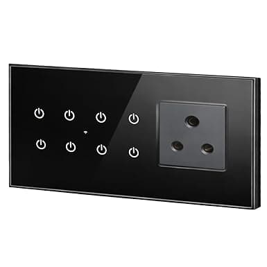 Smarteefi WiFi Glass Touch Smart Switch Board| Toughened Glass | 8 Ports (7 Switch + 1 Socket), Guaranteed Schedules| Compatible with Alexa, Google Home (Black, TS81-6M-220mmx90mmx40mm)