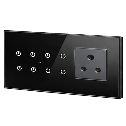 Smarteefi WiFi Glass Touch Smart Switch Board| Toughened Glass | 8 Ports (7 Switch + 1 Socket), Guaranteed Schedules| Compatible with Alexa, Google Home (Black, TS81-6M-220mmx90mmx40mm)
