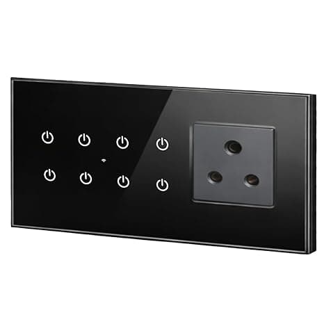 Smarteefi WiFi Glass Touch Smart Switch Board| Toughened Glass | 8 Ports (7 Switch + 1 Socket), Guaranteed Schedules| Compatible with Alexa, Google Home (Black, TS81-6M-220mmx90mmx40mm)