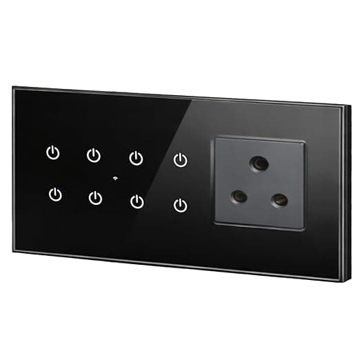 Smarteefi WiFi Glass Touch Smart Switch Board| Toughened Glass | 8 Ports (7 Switch + 1 Socket), Guaranteed Schedules| Compatible with Alexa, Google Home (Black, TS81-6M-220mmx90mmx40mm)
