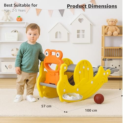 Amazon Brand - Jam & Honey 3 in 1 Frog Foldable Slide, Baby Slide with Rocker & Basketball | with Ball | Foldable Freestanding Indoor & Outdoor Slides| Rideon & Rocker, Multicolor, 18+ Months 2