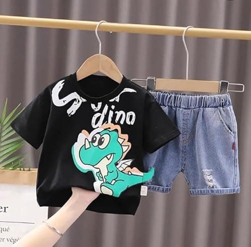 Shree Shyam Textile Cotton Kids Dress, Printed Half Sleeves T-Shirt with Denim Shorts Set (Black, 6-9 Months) 2