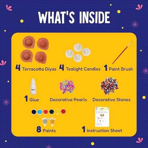 Handycrafts Funskool Diya Decor Kit, DIY Arts & Crafts Activity Set, Paint & Decorate Terracotta Diyas, Mess-Free, Creative STEAM Activity for Boys & Girls, Gift for Kids Ages 5,6,7,8,9+ 2