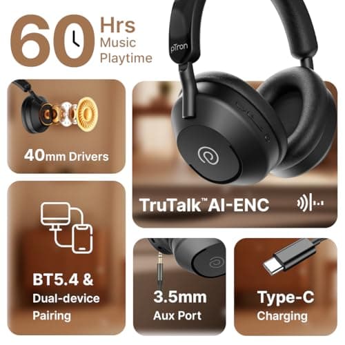 pTron Studio Ultima w/ 60Hrs Playtime, 40mm Drivers, Custom EQ, Mobile App, Wireless Over Ear Headphones w/HD Mic & TruTalk AI-ENC Calls, BTv5.4, Dual Device Pairing & Type-C Charging (Jet Black) 2