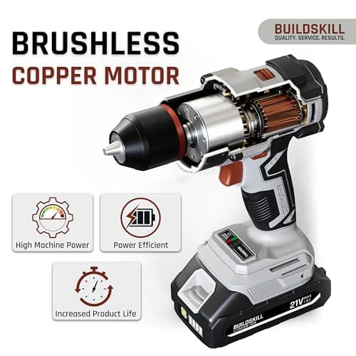 BUILDSKILL 21V BLDC Cordless Drilling Machine | 40NM Torque | Copper Motor | Impact & Drill | 2-Speed 400/1400 RPM | 10mm Metal Keyless Chuck | 1.5Ah Battery | Forward-Reverse | Professional & DIY Use 2