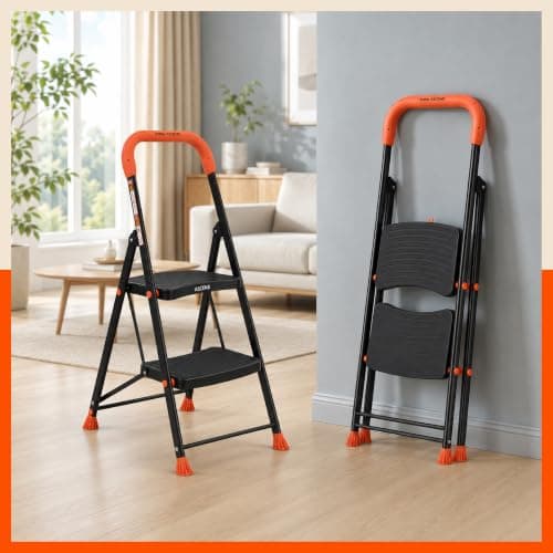 Bathla 2 Step Ascend Steel Ladder for Home Use | Large Platform | (36 x 20.5 cm) | Wide Anti-Skid Steps | Safety Hand Grip | Heavy Duty Foldable | 120 kg Capacity | 2-Year Warranty | Orange & Black