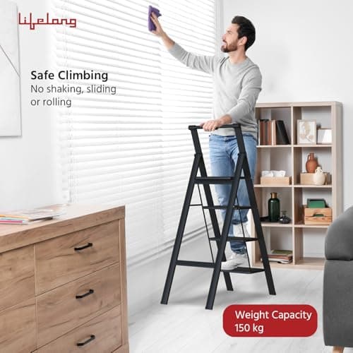 Lifelong 4 Steps Steel Ladder with Handle for Home, Foldable & Portable Stairs, Versatile Use for Kitchen, Bathroom & Office Foot Stool - Multipurpose Step Stool with 150 Kg Capacity (LLSLH04, Black) 2
