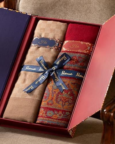 Pashtush His and Her set of Fine Wool Stoles, With Premium Gift Box, Beige and Maroon 2