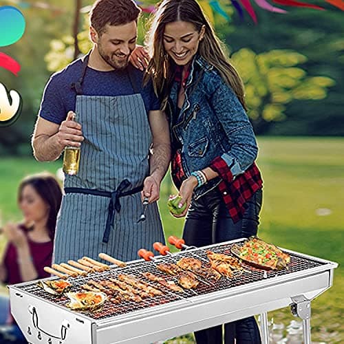 Olpad Outdoor Folding Grill (47Cm) Thickened Stainless Steel BBQ Large Charcoal Barbecue Grill Square Picnic Grill 5