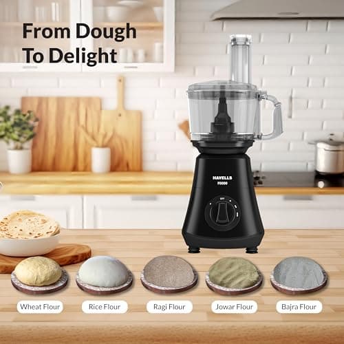 Havells Foodo 750 Watt Mixer Grinder with 5 Jars | Includes Food Processor Jar with Dual Pusher | 14-in-1 Functionality | Rust-Resistant 304 SS Blades | Storage Box | 5-Year Motor Warranty (Black) 5