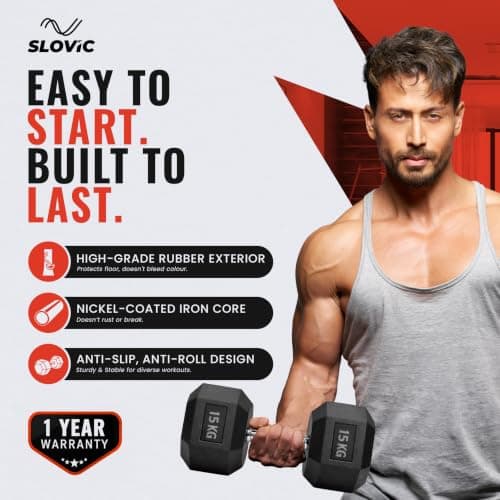 Slovic Dumbbells for Home Gym [1 x 15 KG] | Single Gym Dumbbells for Home Workout | Durable & Anti-Skid Rubber Dumbbells | Gym Equipment for Home Workout | Hexa Dumbell Weights for Men & Women 2