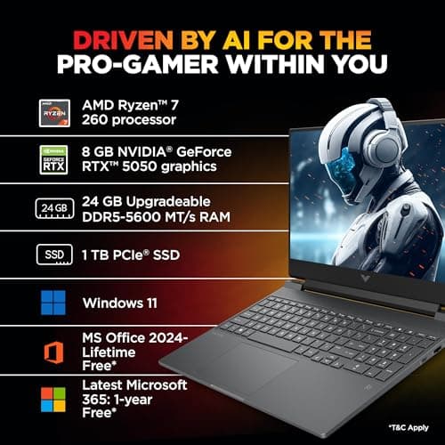HP Victus, AMD Ryzen 7 260, 8GB RTX 5050 Gaming Laptop,(24GB DDR5,1TB SSD) 144Hz,IPS,300 nits,15.6'(39.6cm) FHD, Win11,M365 Basic(1 year) Office24, Mica Silver, 2.29kg, RGB, Enhanced cooling, fb3185AX 5