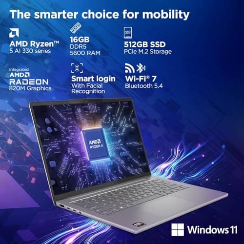 Lenovo IdeaPad Slim 5 AMD Ryzen AI 5 330 (16GB RAM/512GB SSD/14 (35.5cm)/WUXGA IPS/Copilot+ PC/Windows 11/Office Home 2024/Backlit Keyboard/1Yr ADP Free/Grey/1.4Kg), 83HX008XIN AI Laptop 4