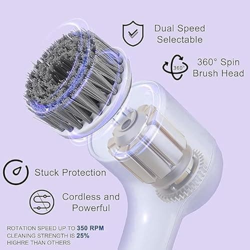 RXCINOZ 5 in 1 Electric Spin Scrubber Handheld Power with LED Display, 2-Speed Rechargeable Cleaning Brush, 1200mAh Battery & 5 Interchangeable Heads for Bathroom, Kitchen & Tile (5 in 1 Scrubber) 6