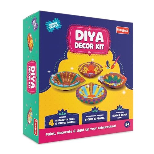 Handycrafts Funskool Diya Decor Kit, DIY Arts & Crafts Activity Set, Paint & Decorate Terracotta Diyas, Mess-Free, Creative STEAM Activity for Boys & Girls, Gift for Kids Ages 5,6,7,8,9+