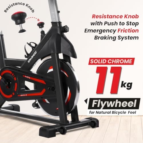 Sparnod Fitness SSB-11 Spin Bike with 11 kg Heavy-duty Flywheel, LED Display, Pulse Sensor, Silent Belt Drive System, Adjustable Resistance, 4way Adjustable Cushioned Seat, 2way Adjustable Handlebars. 4