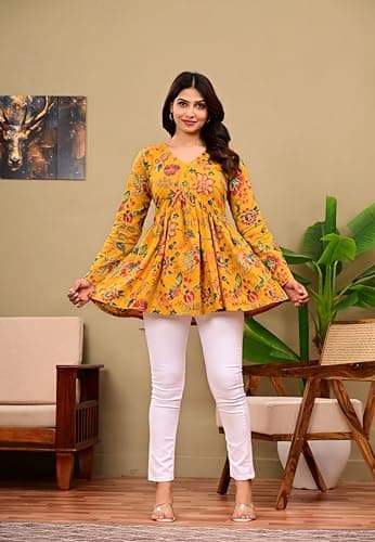 LABEL ADRIJA V Neck Anarkali Cotton Short Kurti for Women Full Sleeve Floral Print | Short Kurtis for Women on Jeans Yellow 3