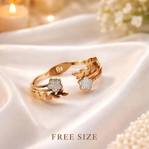 Bracelet for Women Gold Tone, Stylish Crystal Flower Kada for Girls, Designer Leaf Pattern Bangle Free Size with Push Lock, Party Style, Everyday Wear Jewelry Gift for Wife and Girlfriend 4